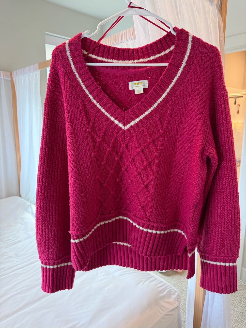 Anthropologie V-Neck Cable Knit Sweater - Berry Pink with White Trim